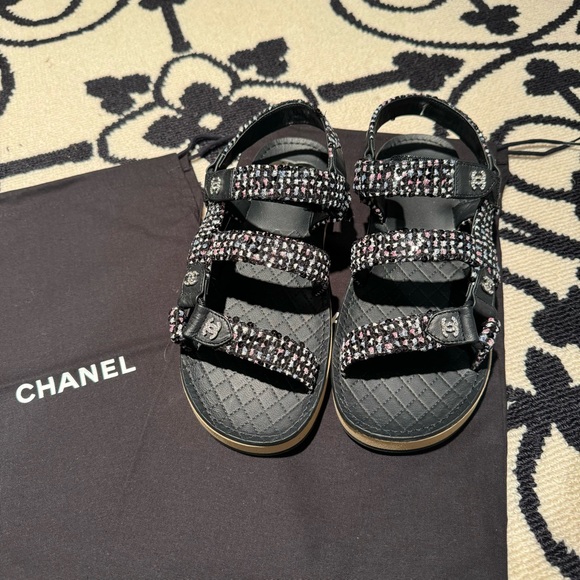 Chanel - Tweed Lambskin Crystal CC Slingback Sandals in Black Multicolor - Picture 2 of 12
